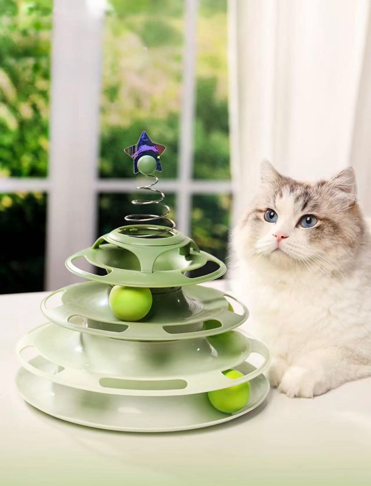Fluffy cat with blue eyes next to a green multi-level cat ball track toy with star topper