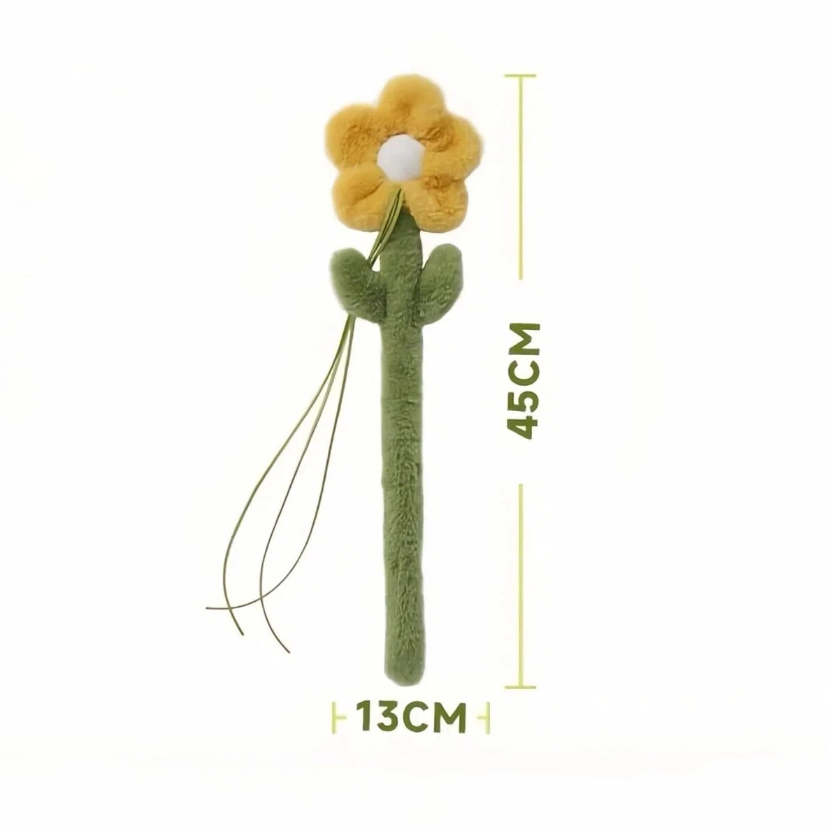 Plush flower cat toy with yellow petals and green stem, measuring 45cm by 13cm