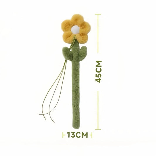 Plush flower cat toy with yellow petals and green stem, measuring 45cm by 13cm