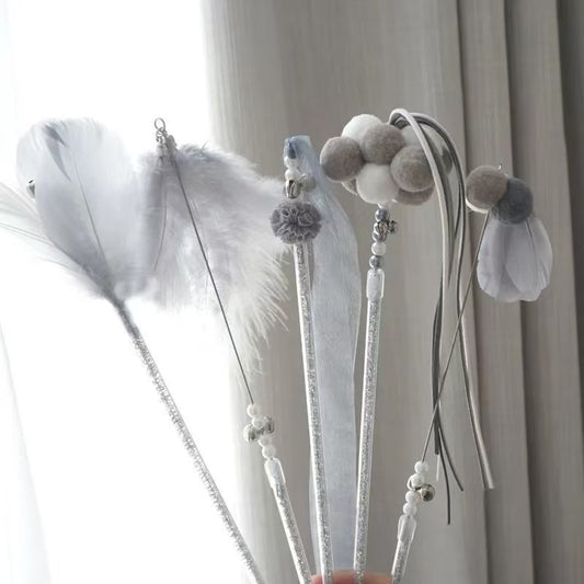 5-Piece Indoor Cat Wand Toy Bundle – Feather Bell Plush Interactive Teaser Set - OKIEEPET