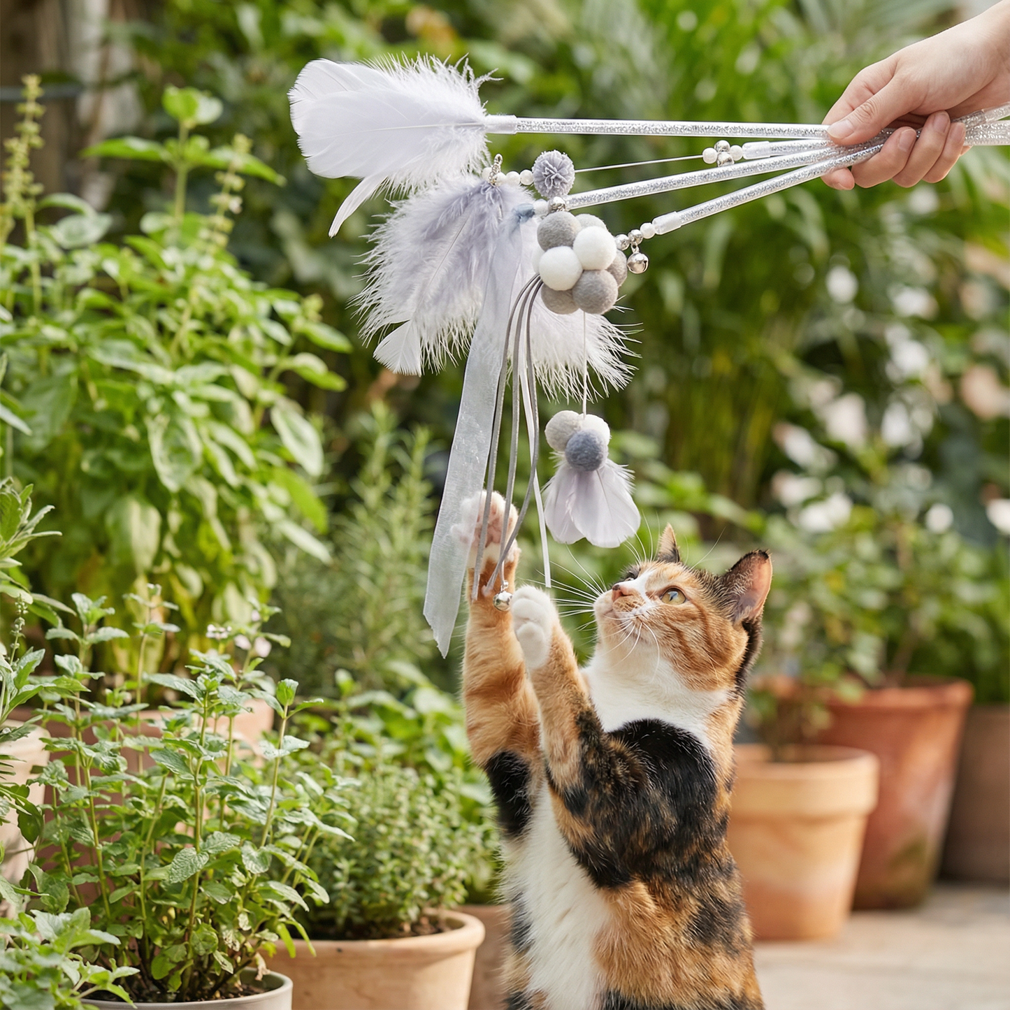 5-Piece Indoor Cat Wand Toy Bundle – Feather Bell Plush Interactive Teaser Set - OKIEEPET