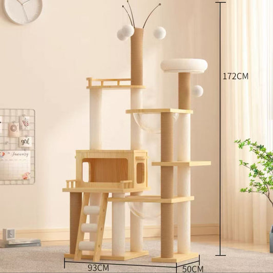 172cm "Sky Lounge" Wooden Cat Tree – Fluffy Perch, Space Capsule & Playful Toy Tops - OKIEEPET