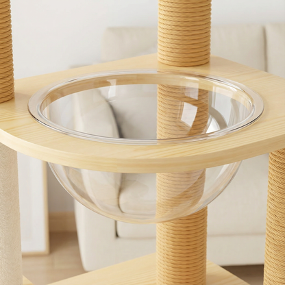172cm "Sky Lounge" Wooden Cat Tree – Fluffy Perch, Space Capsule & Playful Toy Tops - OKIEEPET