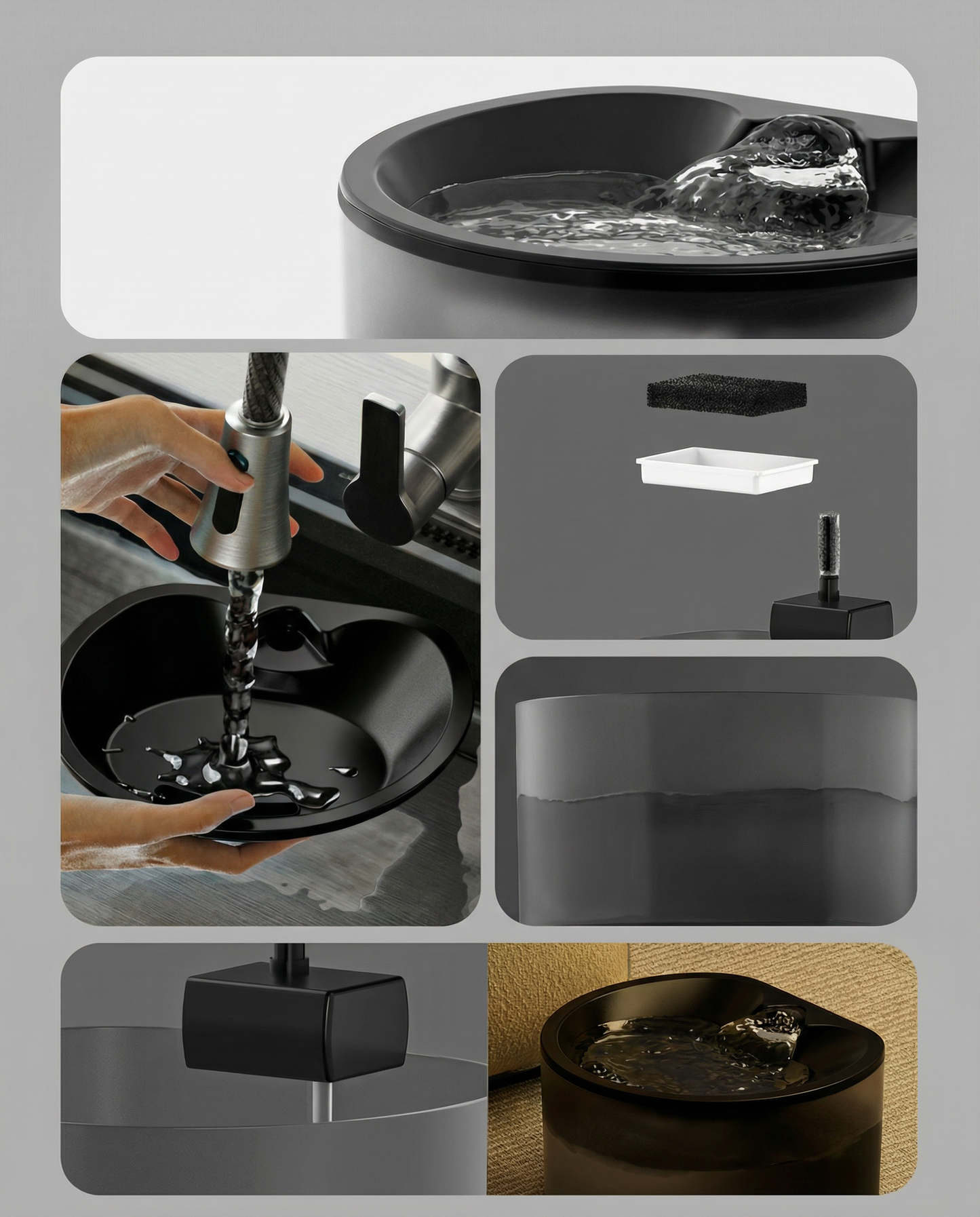 Black water fountain with close-up of flowing water, sink filling, and cleaning components
