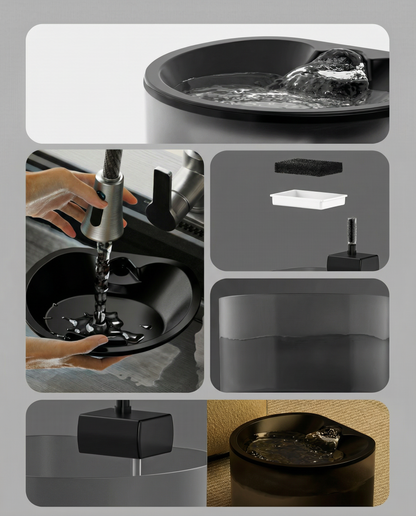 Black water fountain with close-up of flowing water, sink filling, and cleaning components