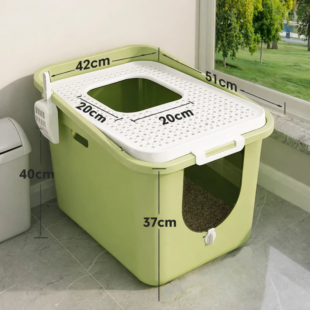 Pre-Order: 51cm Green Enclosed Top-Entry Cat Litter Tray - Large Size