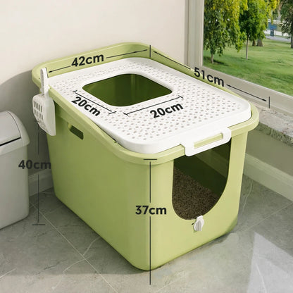 Pre-Order: 51cm Green Enclosed Top-Entry Cat Litter Tray - Large Size