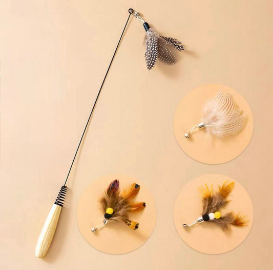 Cat Teaser Wand with 3 Replaceable Bug Feather Heads