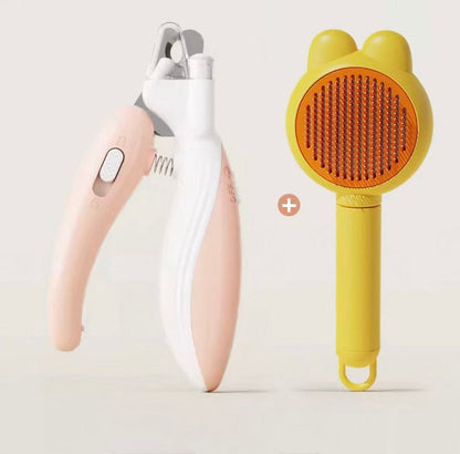 Pink and white electric pet nail grinder with a yellow pet grooming brush on a light background