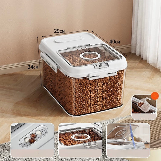 Transparent plastic food storage container with white lid filled with brown cereal on wooden floor, 29x40x24cm dimensions