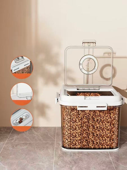 Transparent pet food storage container with white lid, filled with brown kibble, on tiled floor