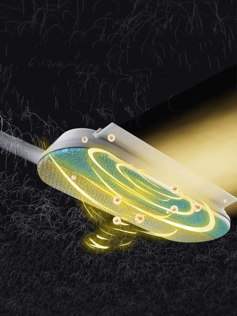 Close-up of a futuristic showerhead emitting yellow light and swirling water droplets against a dark background