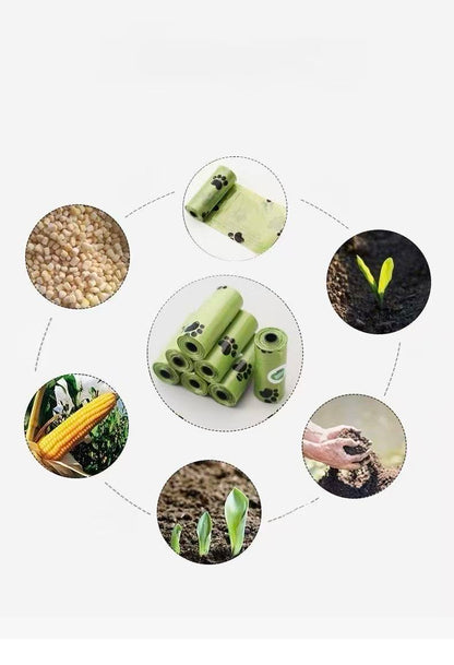 Green biodegradable dog waste bags with paw prints surrounded by seed, corn, soil, and plant growth stages