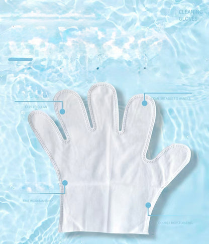 White cleaning glove on water background, labeled easy to clean, comfortable, fine workmanship, moisturizing
