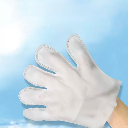 Hand wearing a white, five-fingered protective glove against a blue sky background