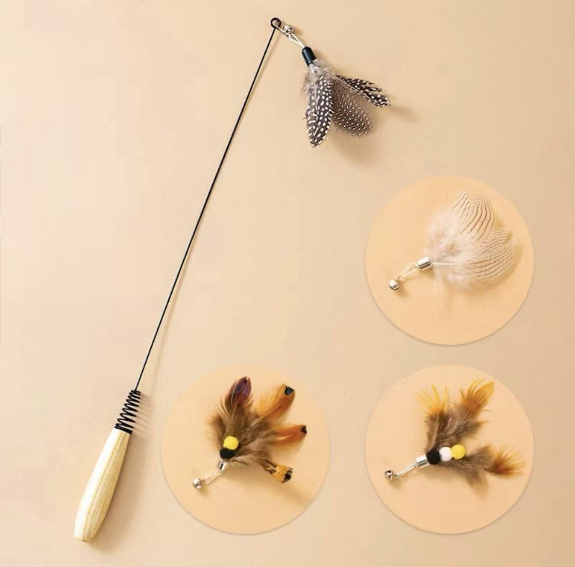 Cat Teaser Wand with 3 Replaceable Bug Feather Heads - OKIEEPET