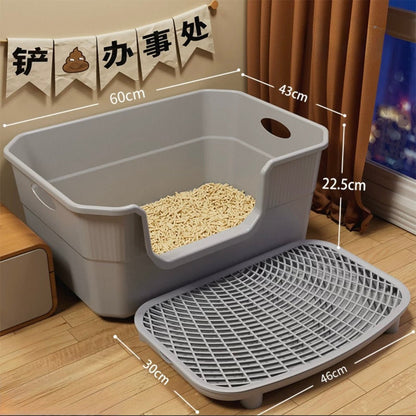 Large Open Cat Litter Tray with Anti - Tracking Step Platform - OKIEEPET