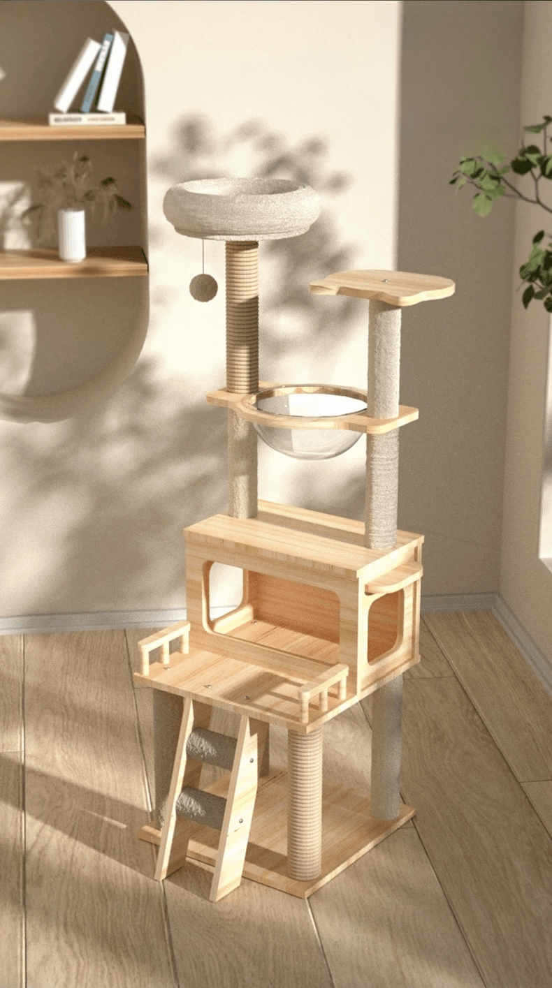Multi - Layer Wooden Cat Tree (147cm) with Space Capsule Bed & Scratching Posts - OKIEEPET