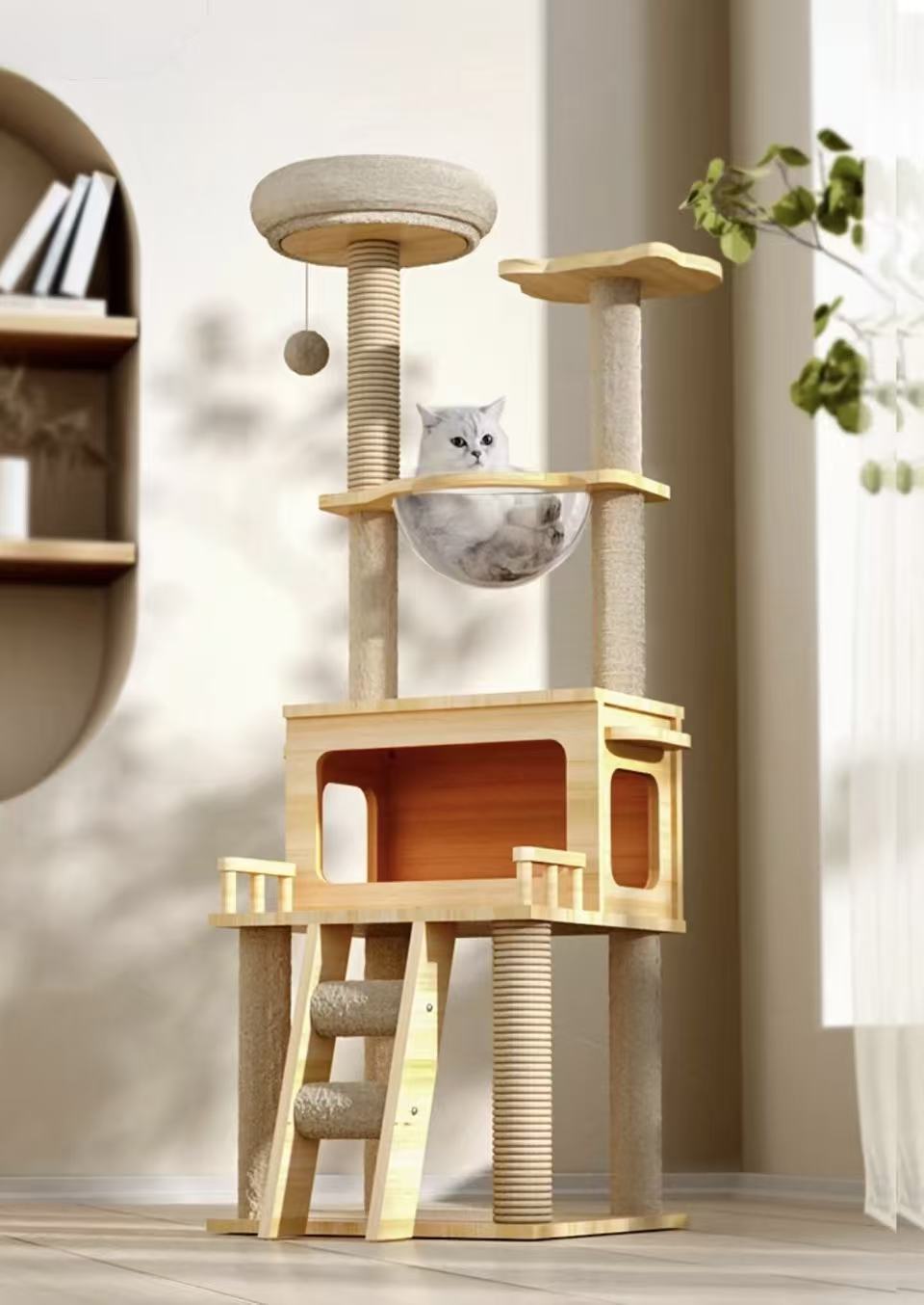 Multi - Layer Wooden Cat Tree (147cm) with Space Capsule Bed & Scratching Posts - OKIEEPET