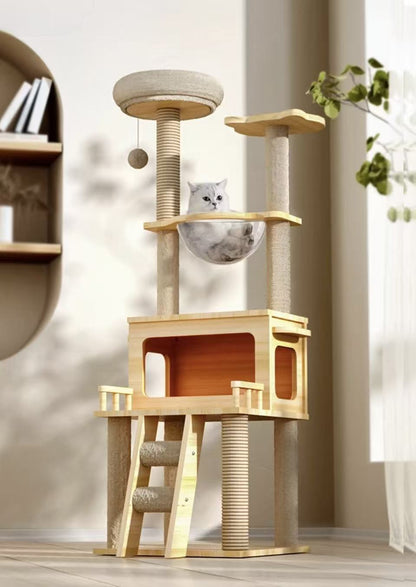 Multi - Layer Wooden Cat Tree (147cm) with Space Capsule Bed & Scratching Posts - OKIEEPET