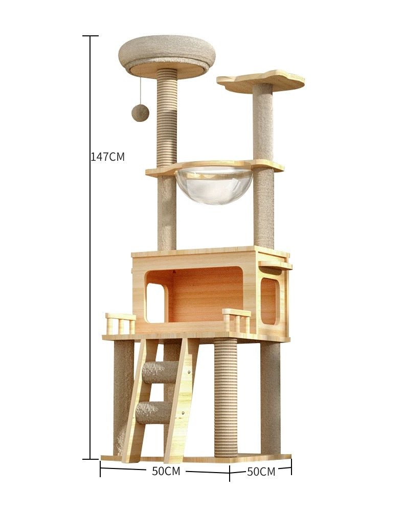 Multi - Layer Wooden Cat Tree (147cm) with Space Capsule Bed & Scratching Posts - OKIEEPET