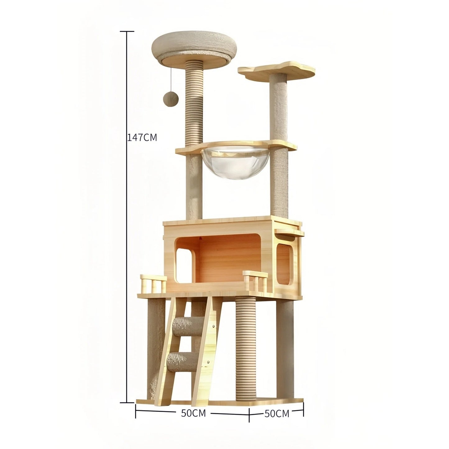 Multi - Layer Wooden Cat Tree (147cm) with Space Capsule Bed & Scratching Posts - OKIEEPET