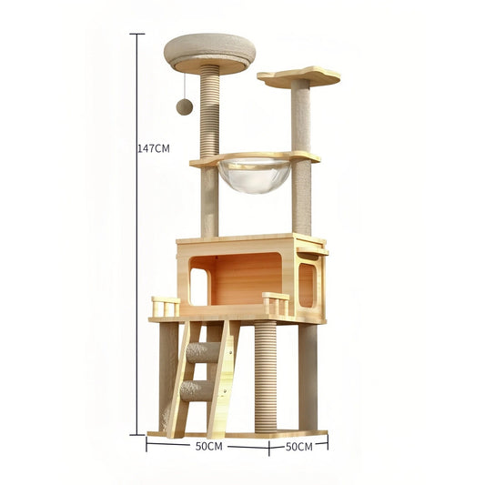 Multi - Layer Wooden Cat Tree (147cm) with Space Capsule Bed & Scratching Posts - OKIEEPET