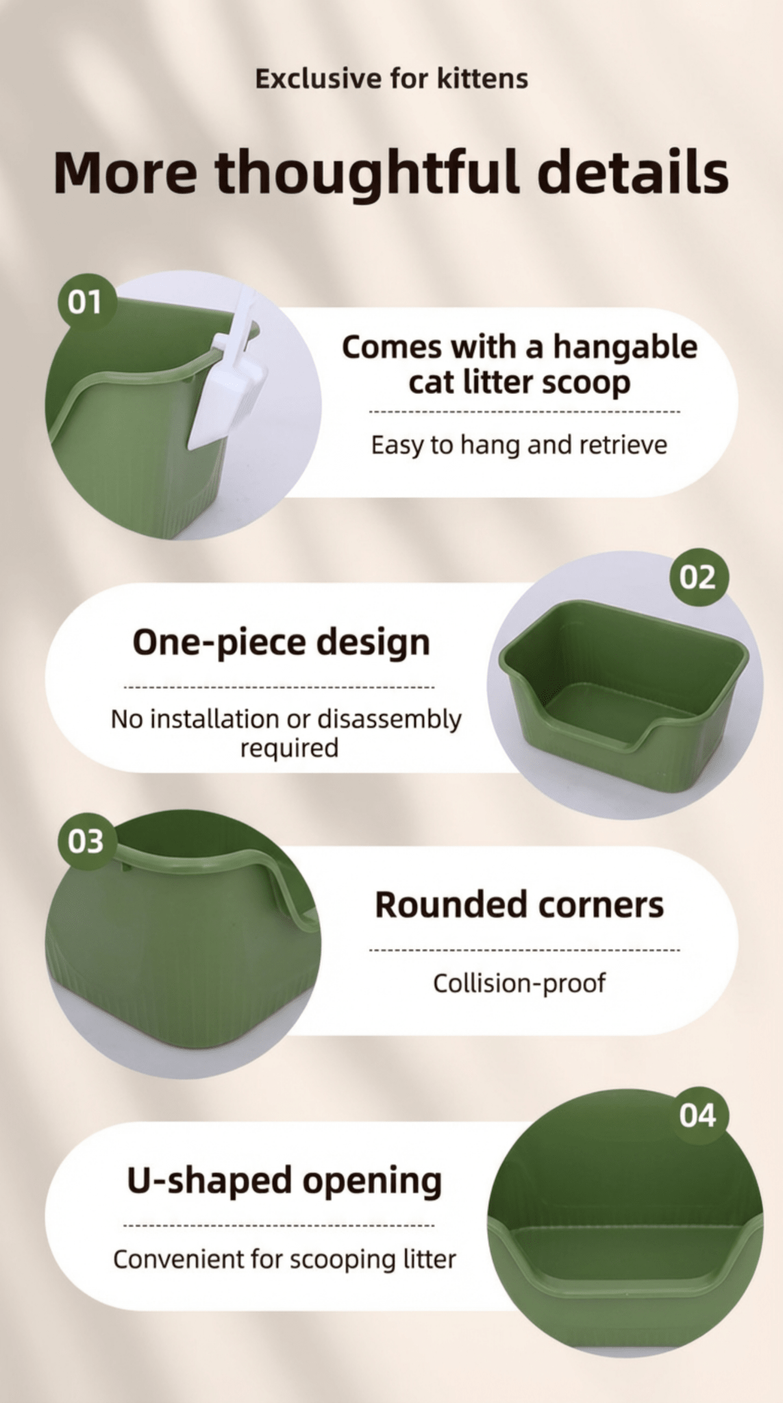 Open - Top U - Shape Entry Cat Litter Tray with Scoop - OKIEEPET