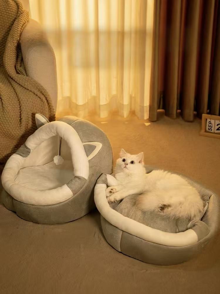 Plush Cat Cave Bed Soft Enclosed Pet Nest with Removable Cushion - OKIEEPET