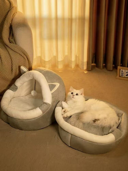 Plush Cat Cave Bed Soft Enclosed Pet Nest with Removable Cushion - OKIEEPET