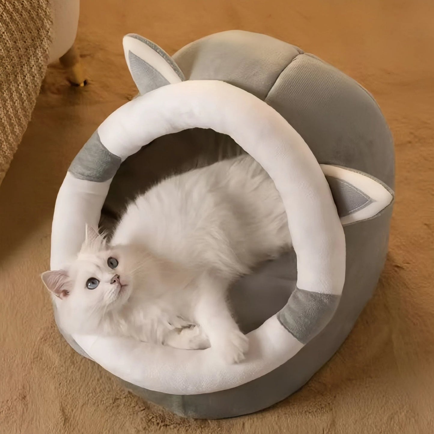 Plush Cat Cave Bed Soft Enclosed Pet Nest with Removable Cushion - OKIEEPET