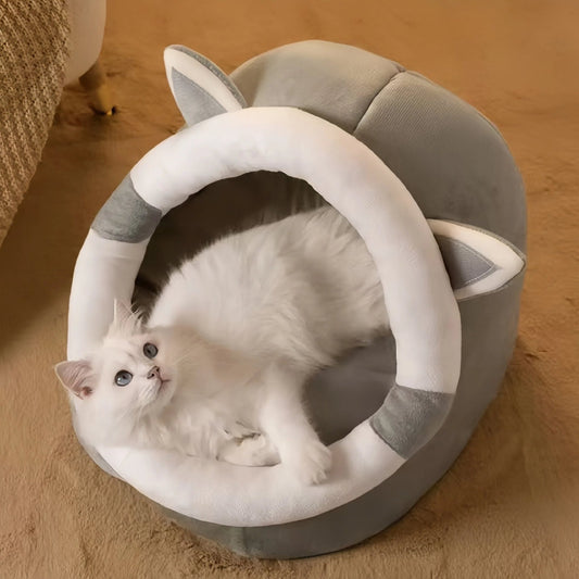 Plush Cat Cave Bed Soft Enclosed Pet Nest with Removable Cushion - OKIEEPET