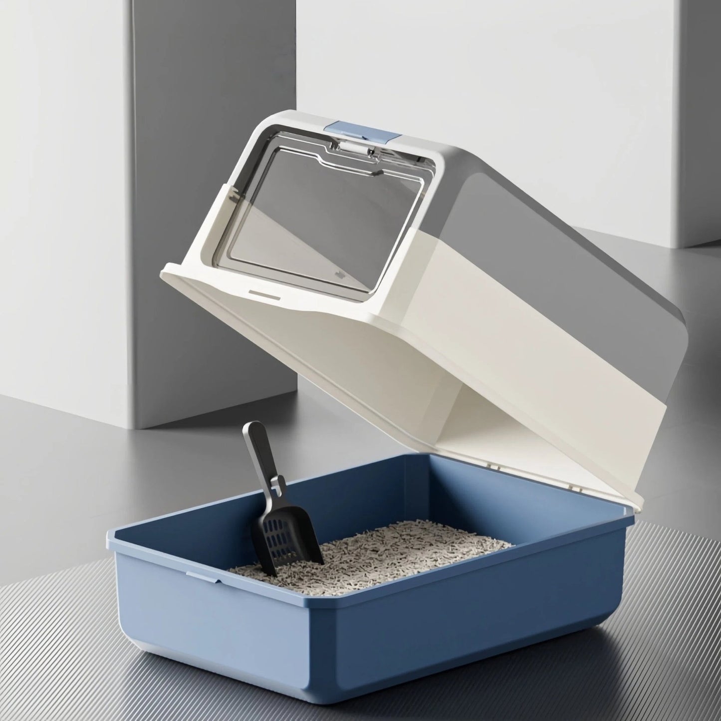Pre - Order: 50cm Blue Grey Enclosed Cat Litter Box with FlipTop Lid & Scoop - OKIEEPET