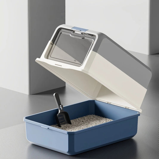 Pre - Order: 50cm Blue Grey Enclosed Cat Litter Box with FlipTop Lid & Scoop - OKIEEPET