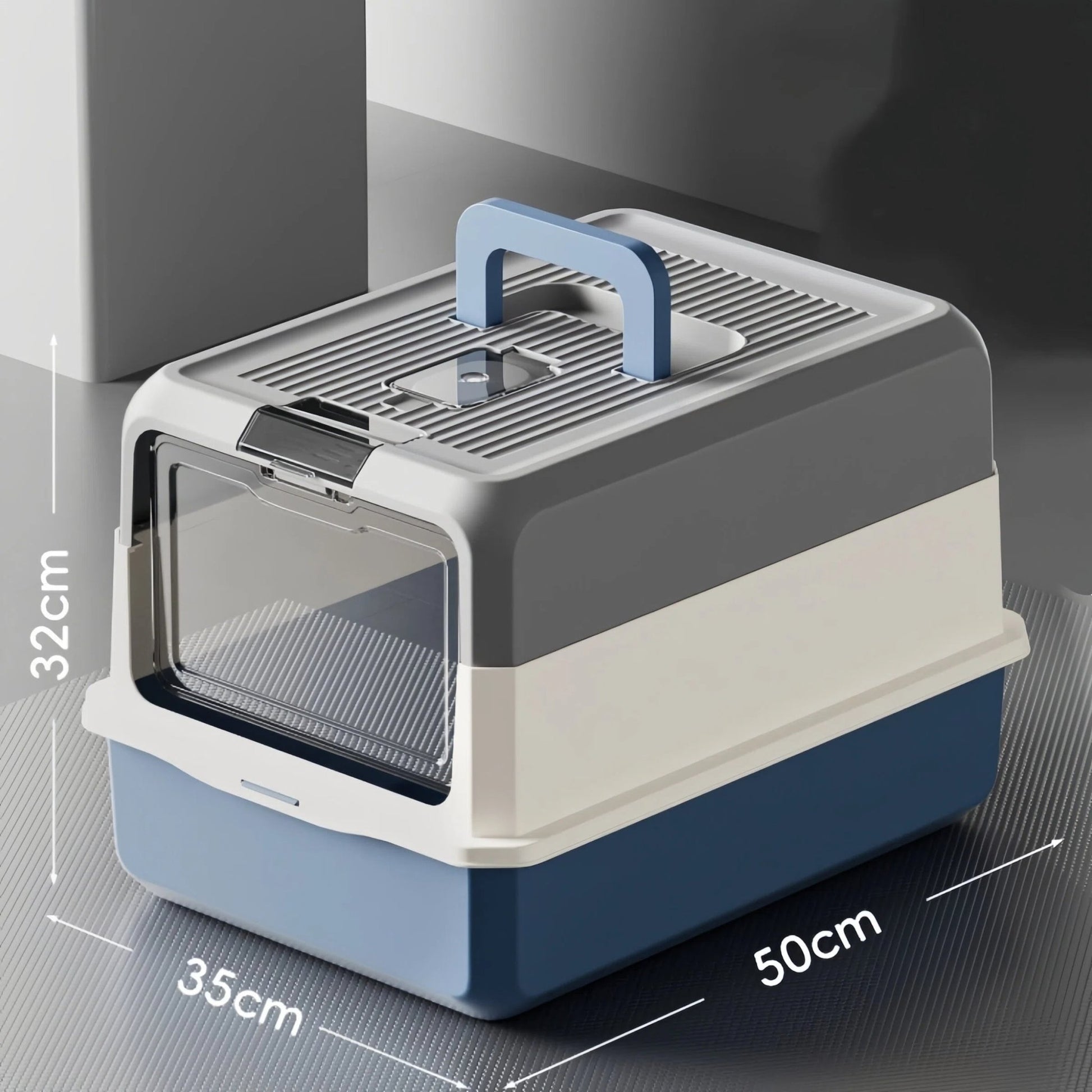 Pre - Order: 50cm Blue Grey Enclosed Cat Litter Box with FlipTop Lid & Scoop - OKIEEPET
