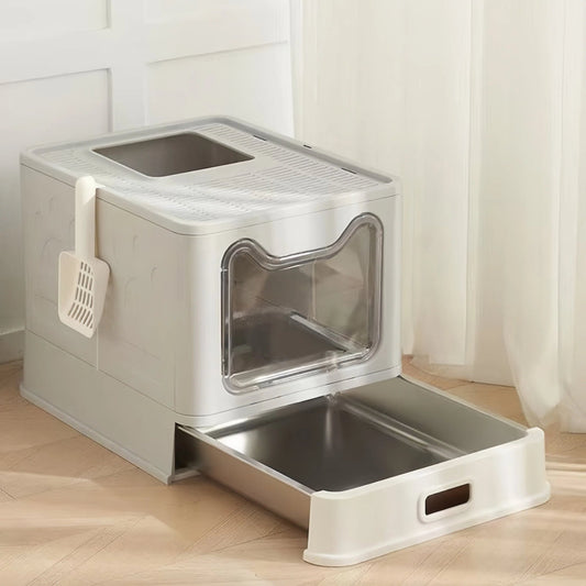 Pre - Order: 51cm Grey Drawer Enclosed Cat Litter Box with Stainless Steel Tray - OKIEEPET