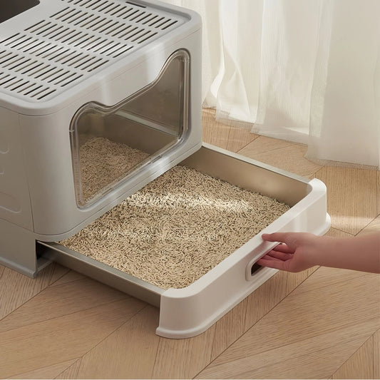 Pre - Order: 51cm Grey Drawer Enclosed Cat Litter Box with Stainless Steel Tray - OKIEEPET