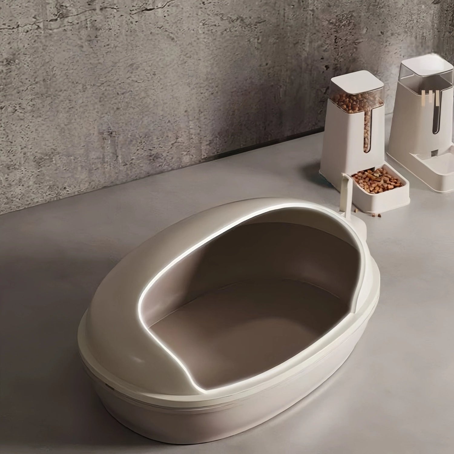 Pre - Order: 58cm High - Sided Semi - Enclosed Cat Litter Box with Splash Guard – Cream Beige - OKIEEPET