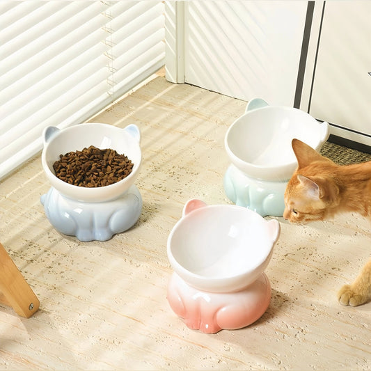 Pre - Order: Pastel Kitty Shaped Elevated Pet Bowl - OKIEEPET
