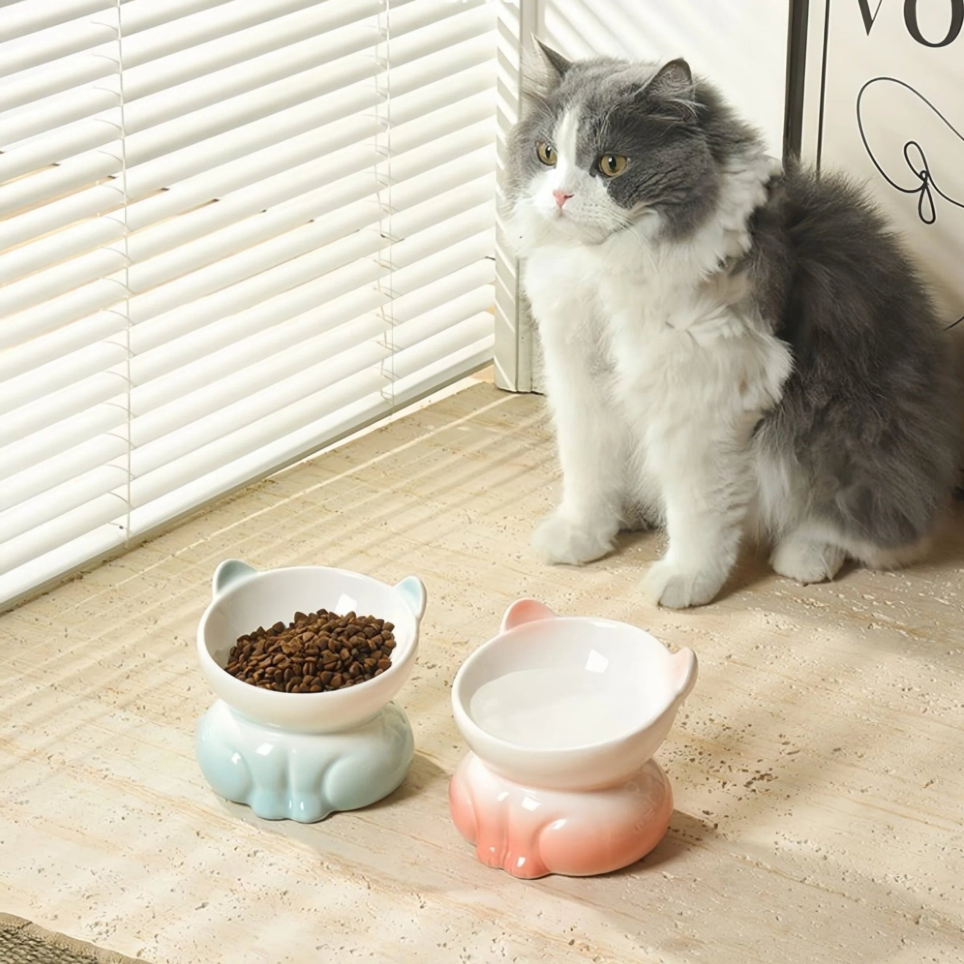 Pre - Order: Pastel Kitty Shaped Elevated Pet Bowl - OKIEEPET