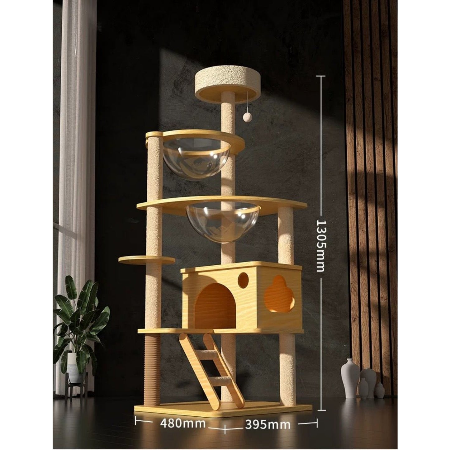 Wooden Cat Tree with Dual Space Capsules 130cm