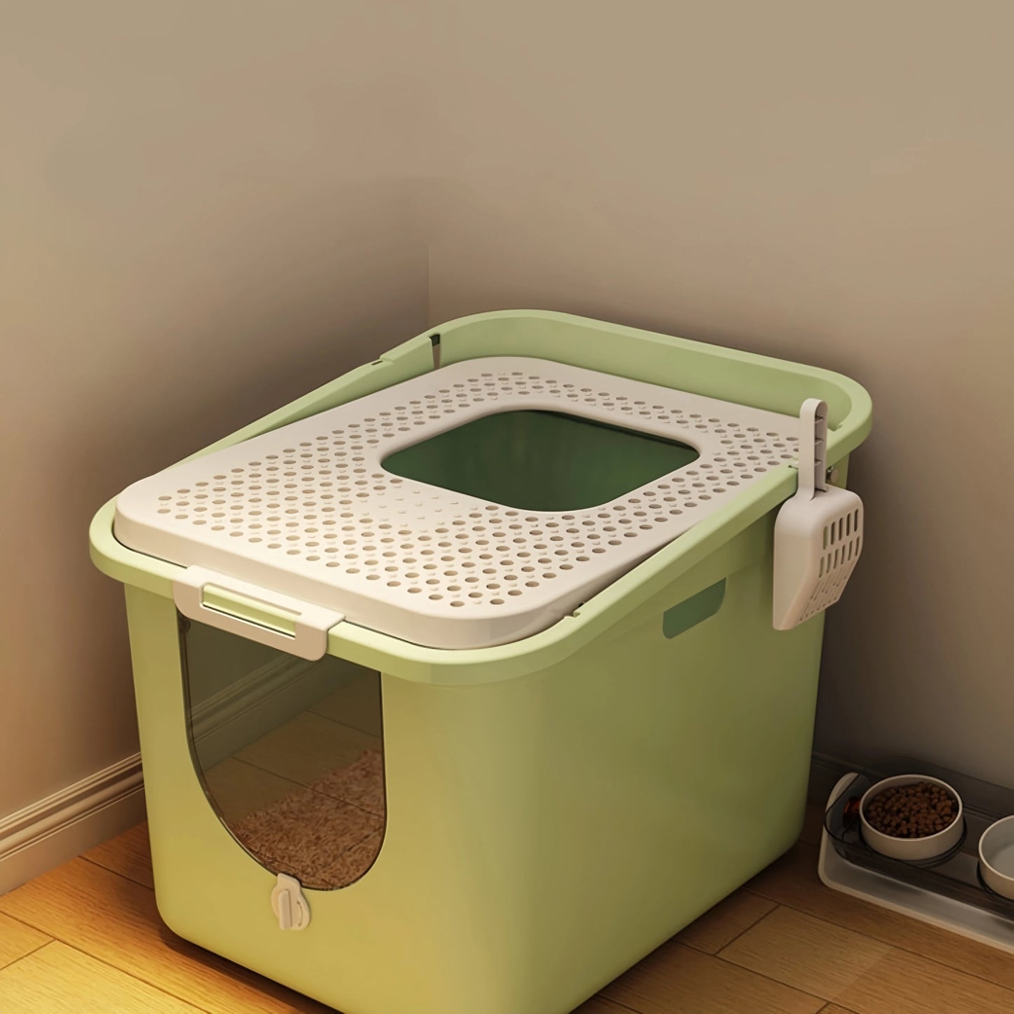 Pre-Order: 51cm Green Enclosed Top-Entry Cat Litter Tray - Large Size