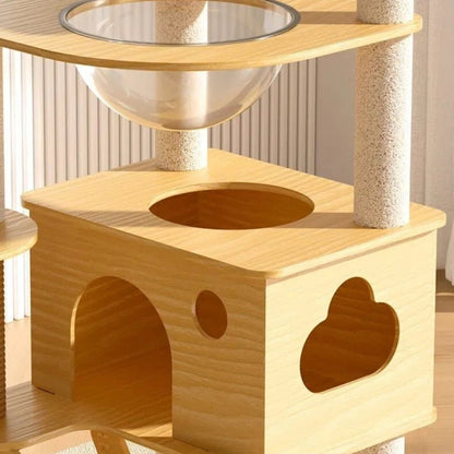 Wooden Cat Tree with Dual Space Capsules 130cm