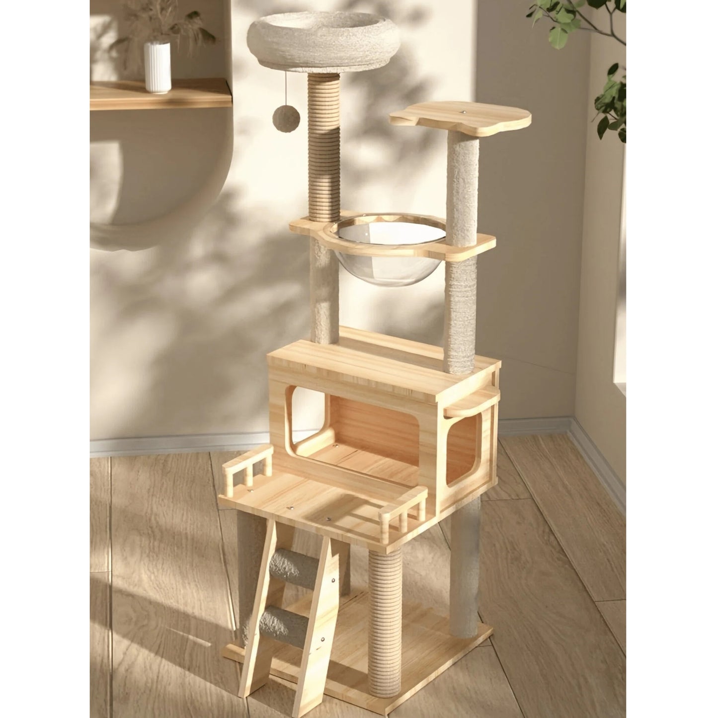 Multi-Layer Wooden Cat Tree (147cm) with Space Capsule Bed & Scratching Posts