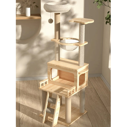 Multi-Layer Wooden Cat Tree (147cm) with Space Capsule Bed & Scratching Posts
