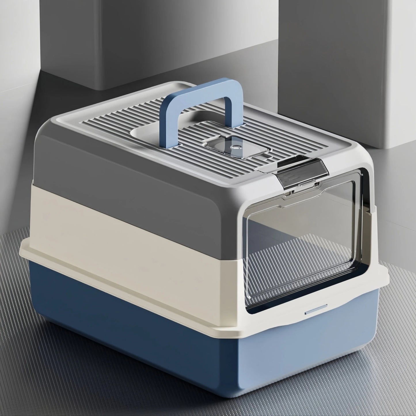 Pre-Order: 50cm Blue Grey Enclosed Cat Litter Box with FlipTop Lid & Scoop