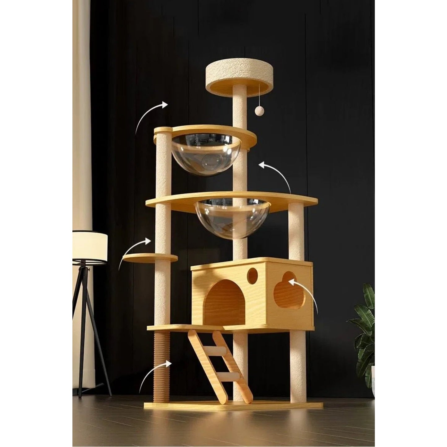 Wooden Cat Tree with Dual Space Capsules 130cm