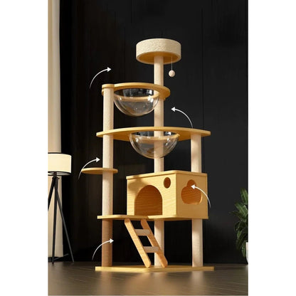Wooden Cat Tree with Dual Space Capsules 130cm