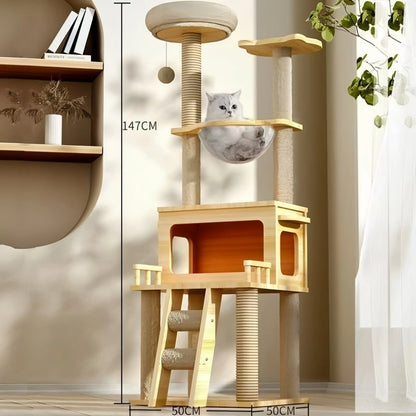 Multi-Layer Wooden Cat Tree (147cm) with Space Capsule Bed & Scratching Posts