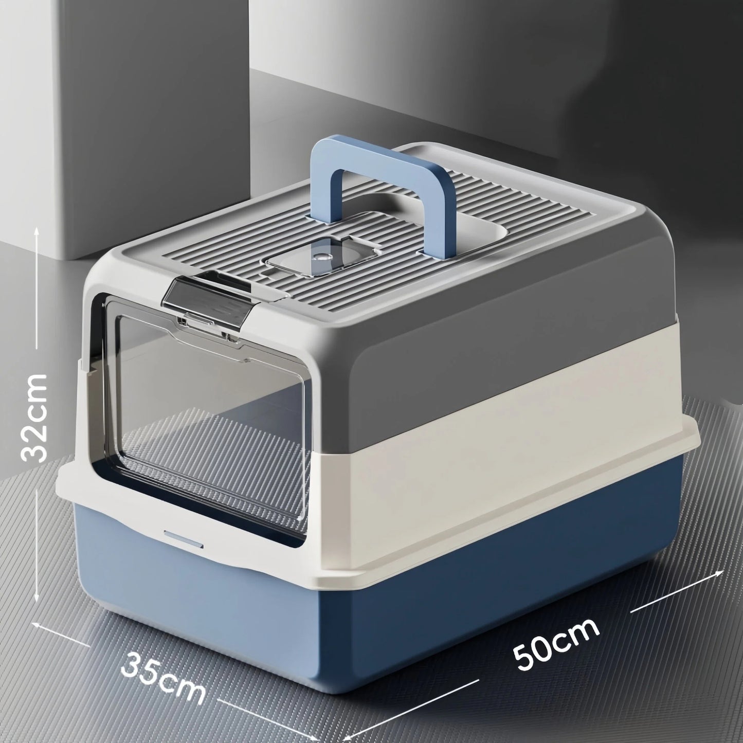 Pre-Order: 50cm Blue Grey Enclosed Cat Litter Box with FlipTop Lid & Scoop